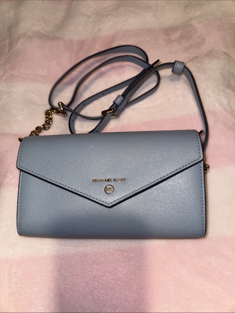 Michael Kors Pale Blue Crossbody Wallet with Gold Hardware